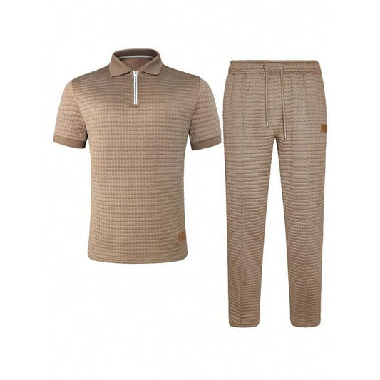 Casual Zip-Up Polo Shirt Top And Pants Two-Piece Set For Men by GJG Denim