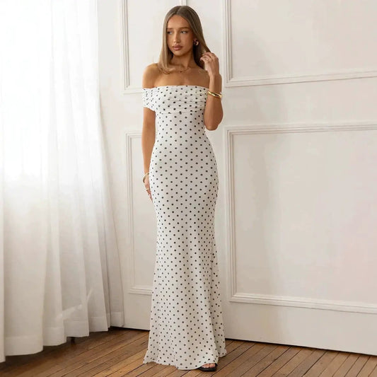 Fashionable Polka-dot Mesh Off-shoulder Backless Dress by GJG Denim