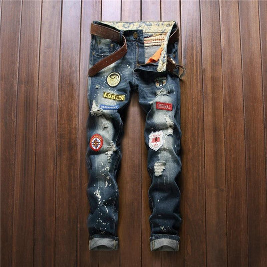 Men's Straight Slim Splash-ink Old Fashion Jeans by GJG Denim