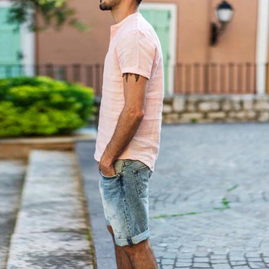 Men's Stand Collar Cotton Linen Short Sleeve Shirt by GJG Denim