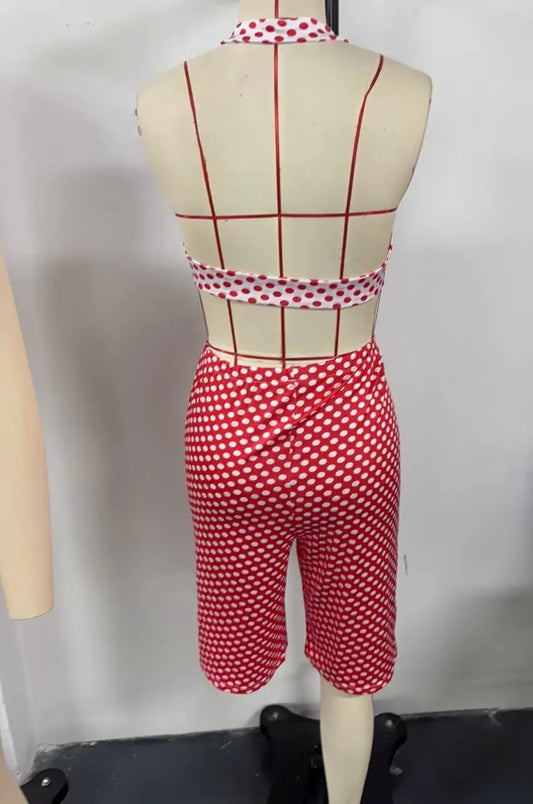 Red Polka Dot Halter Crop Top & High Waist Biker Shorts Set by GJG Denim