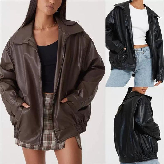 Spring And Autumn European And American Leather Jacket Locomotive Style Loose Top Coat Women by GJG Denim