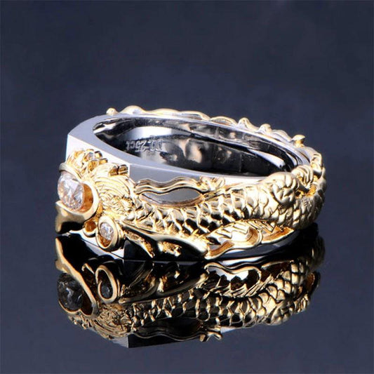 Men's Dragon Pattern Two-color Zircon Rhinestone Ring by GJG Denim