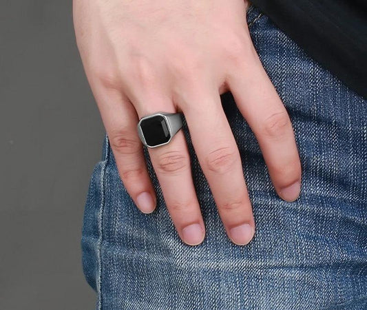 Men's Stainless Steel Black Agate Ring by GJG Denim