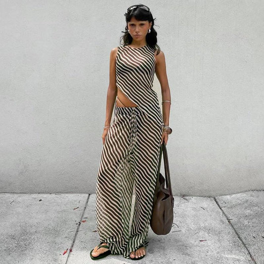 Women's Sleeveless Diagonal Stripes See-through Irregular Top Suit by GJG Denim