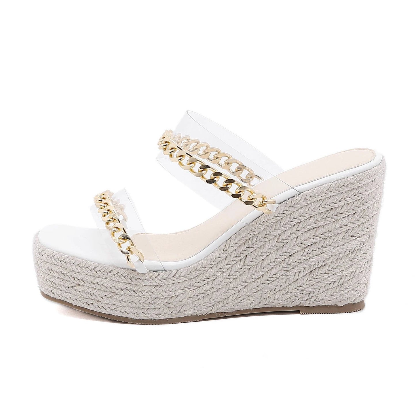 Square Toe Sandals, Wedge Heel, Transparent Film, Metal Chain Sandals by GJG Denim