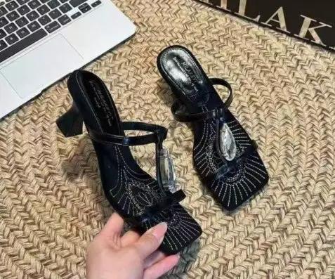 French Wedge Sandals For Women, Summer New Arrival Fairy Style square toe Thin Strap T-Strap Buckle Elegant Rhinestone Dress Sandals by GJG Denim