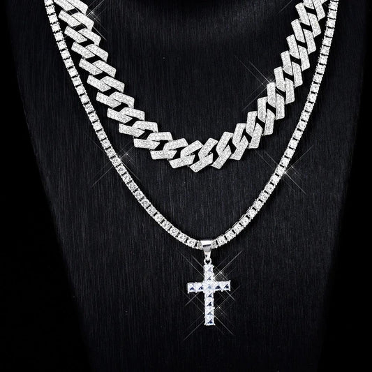 Men's Zircon Cross Pendant Cuban Chain Iced Out Paved Rhinestones Bling Necklaces by GJG Denim
