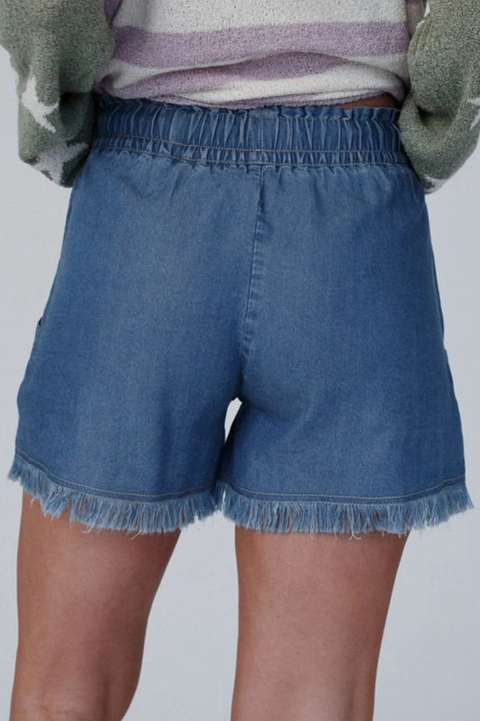 Raw Hem Drawstring High Waist Denim Shorts with Pockets by Lady Ros