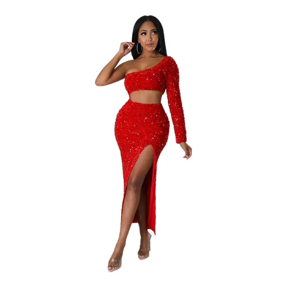 One-shoulder Fashionable Sequins Sexy Navel Split Hip Women's Clothing Dress by GJG Denim