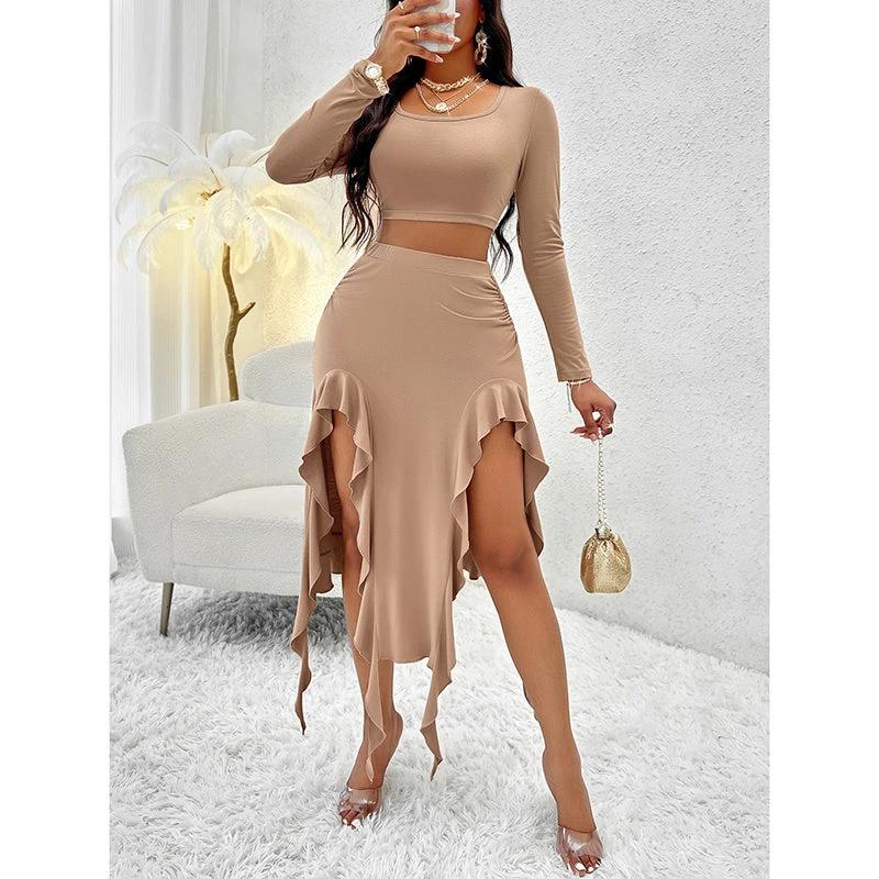 Women Summer 2 Piece Skirt Sets Long Sleeve Square Neck Crop Top Ruffle Trim Irregular Split Sexy Club Party Skirt Outfits by GJG Denim