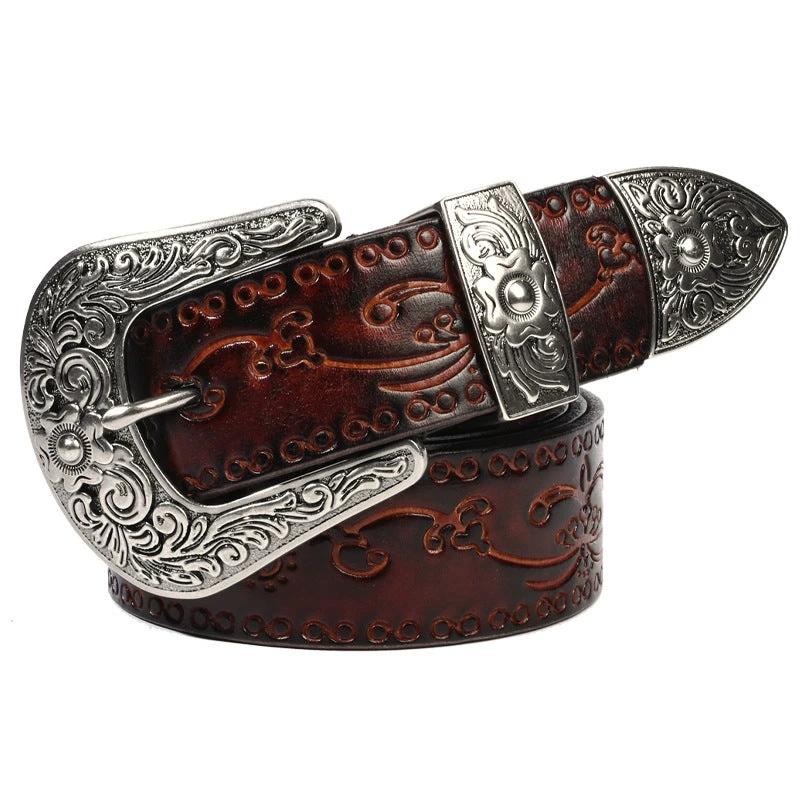 Men's Embossed First Layer Cowhide Mongolian Style Personalized Carved Belt by GJG Denim