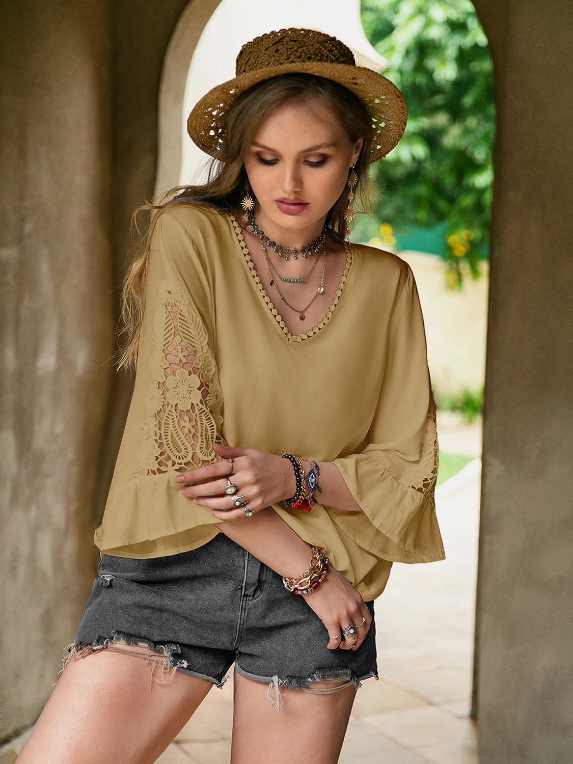 Plus Size Lace Detail V-Neck Flounce Sleeve Blouse by Lady Ros