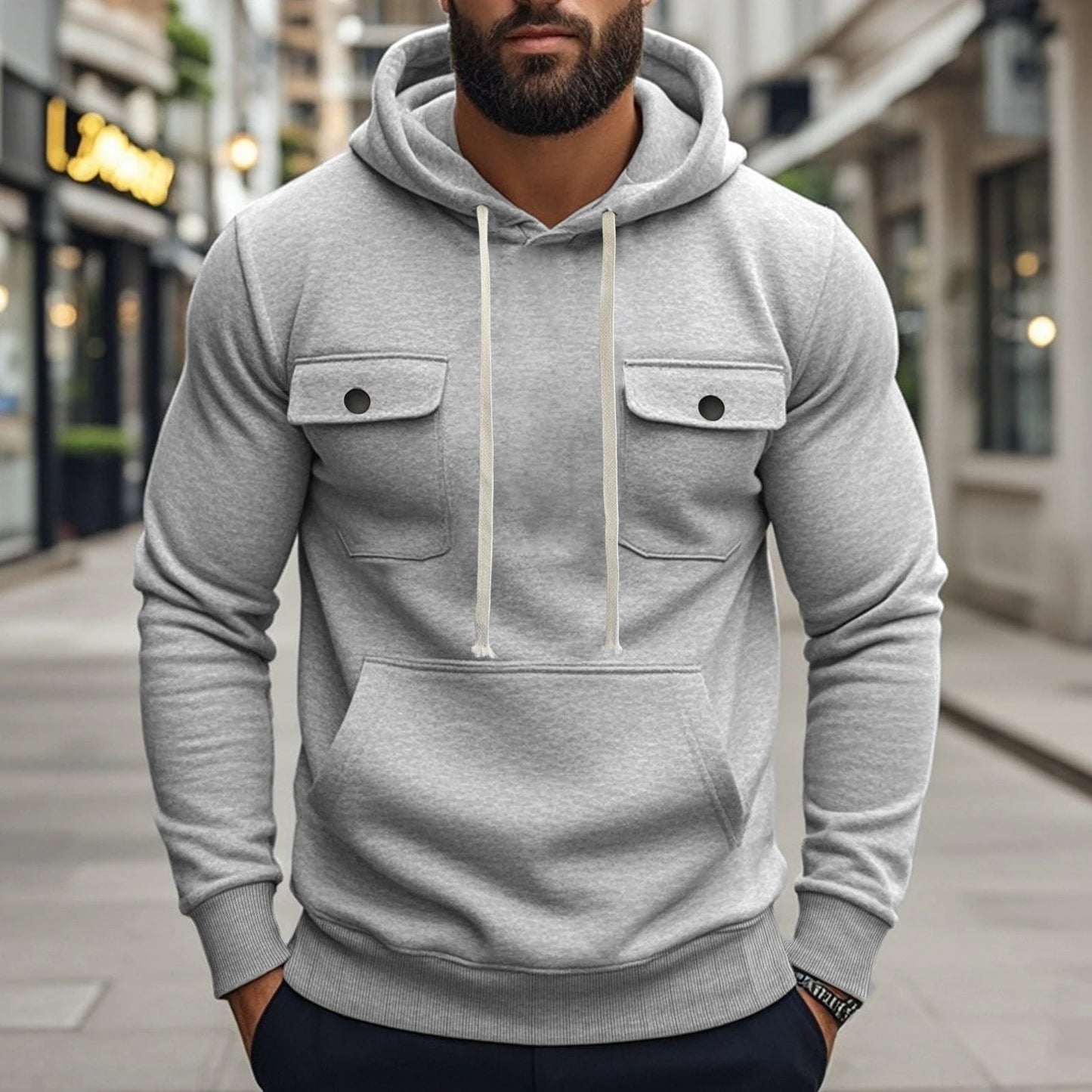 Men's Multi-pocket Long Sleeve Solid Color Hoodies by GJG Denim