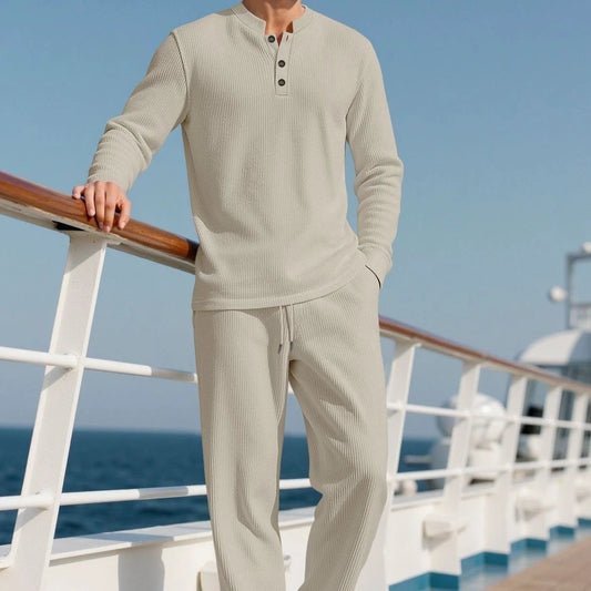 Men's Casual Solid Color Button Down Crew Neck Long-Sleeve Pants Set by GJG Denim