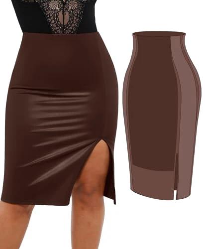 Popilush Shapewear Faux Leather Skirts with Built in Shapewear Tummy Control High Waist Midi Skirt with Shaper for Women by Lady Ros