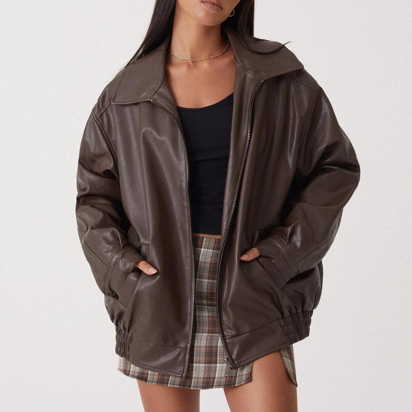 Spring And Autumn European And American Leather Jacket Locomotive Style Loose Top Coat Women by GJG Denim