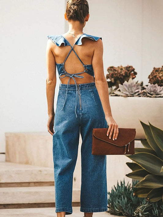 Ruffled Backless Sleeveless Denim Jumpsuit by Lady Ros