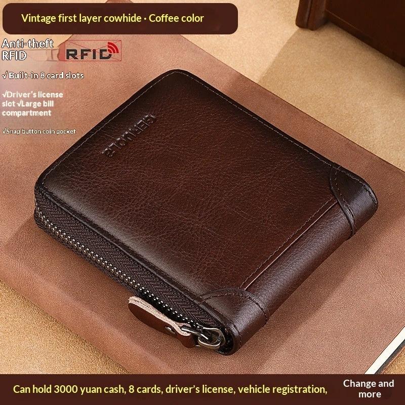 Men's Cowhide Wallet With Multiple Card Slots And A Zipper by GJG Denim