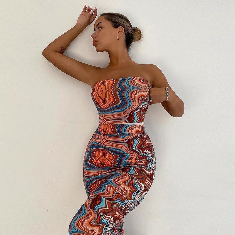 Women's Printed Wrap-chest One-shoulder Slim Temperament Dress by GJG Denim
