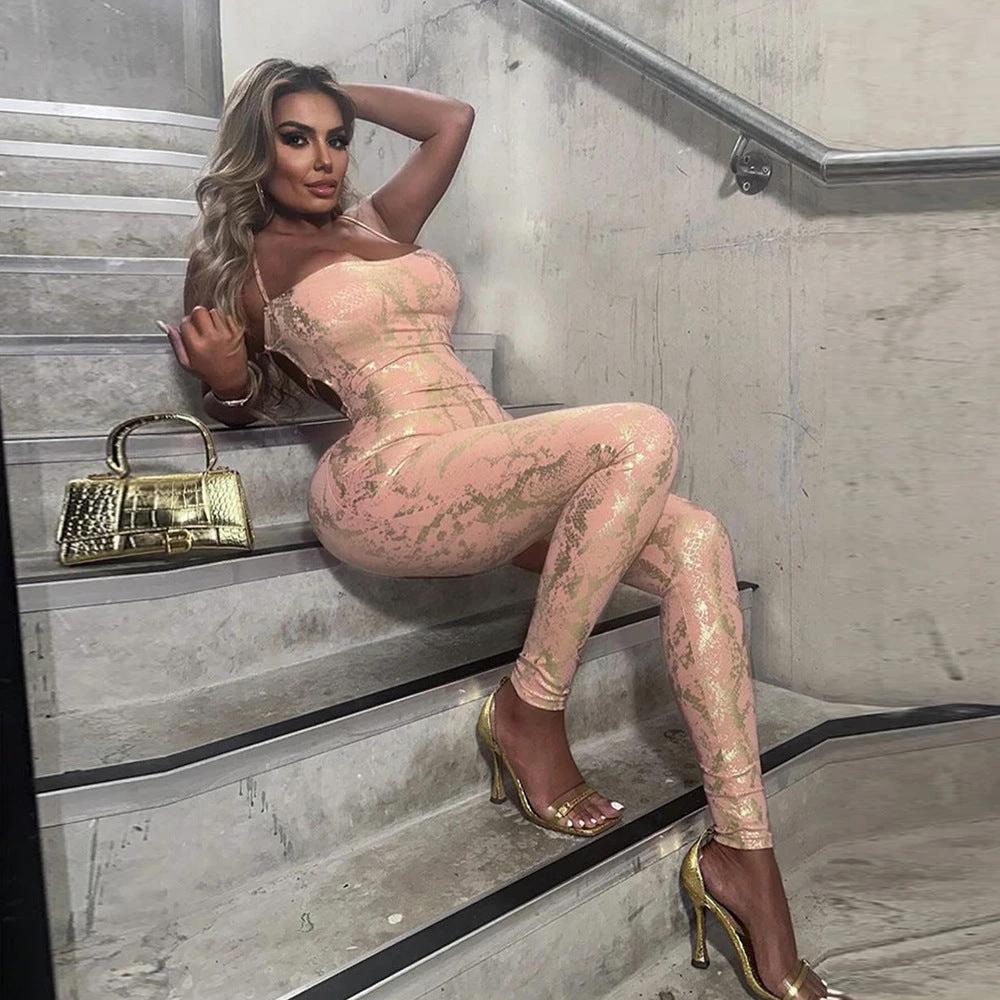 Sleeveless Backless Sexy Hot Girl Style Strap Metallic Gloss Jumpsuit by GJG Denim