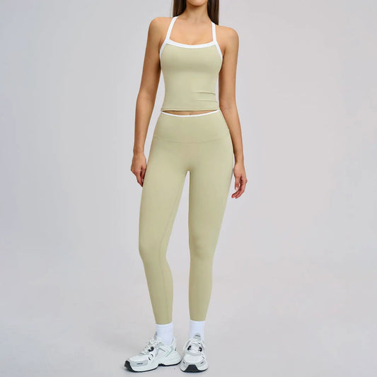 Nude-Feel Yoga Set Contrasting Colors, Crossed Back Design, Tight-Fitting Yoga Wear by GJG Denim