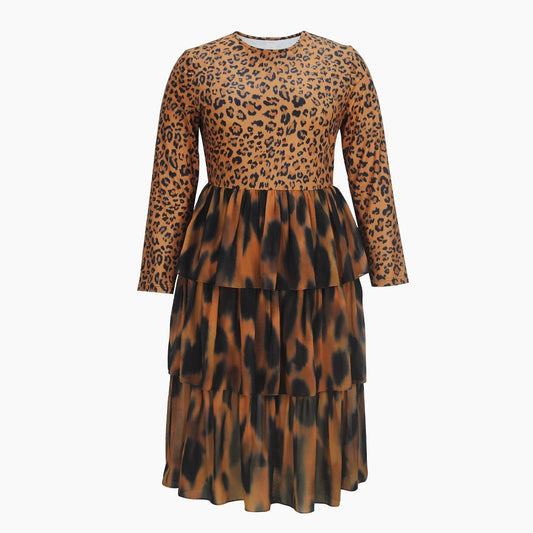 Elegant Leopard Print Cake Dress Plus Size Long Sleeve by GJG Denim