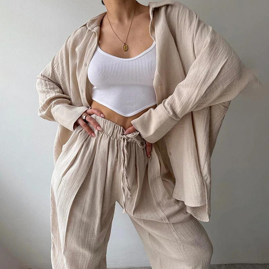Women's Solid Color Lapel Collar Long Sleeve Shirt & High-Waist Pants Set - Casual Loose Fit Spring&Summer Outfit by GJG Denim