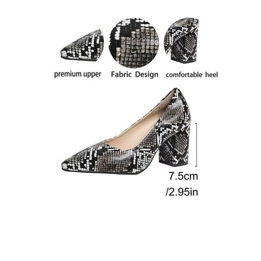 Women's Snake Print Pointed Toe Block Heel Pumps 2026 Spring Summer Elegant High Heels Versatile Office Party Shoes by GJG Denim