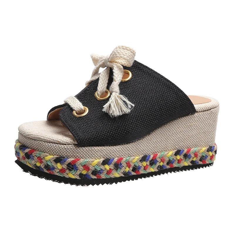 Women's Straw Woven Wedge Color-block Lace-up Slippers by GJG Denim
