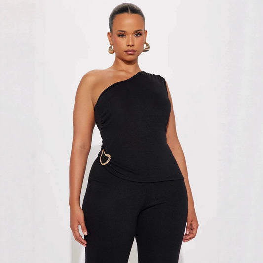 Fashionable Solid-Color Slim-Fit Asymmetrical-Neck Tops And Pants Set That Flatters Your Figure by GJG Denim