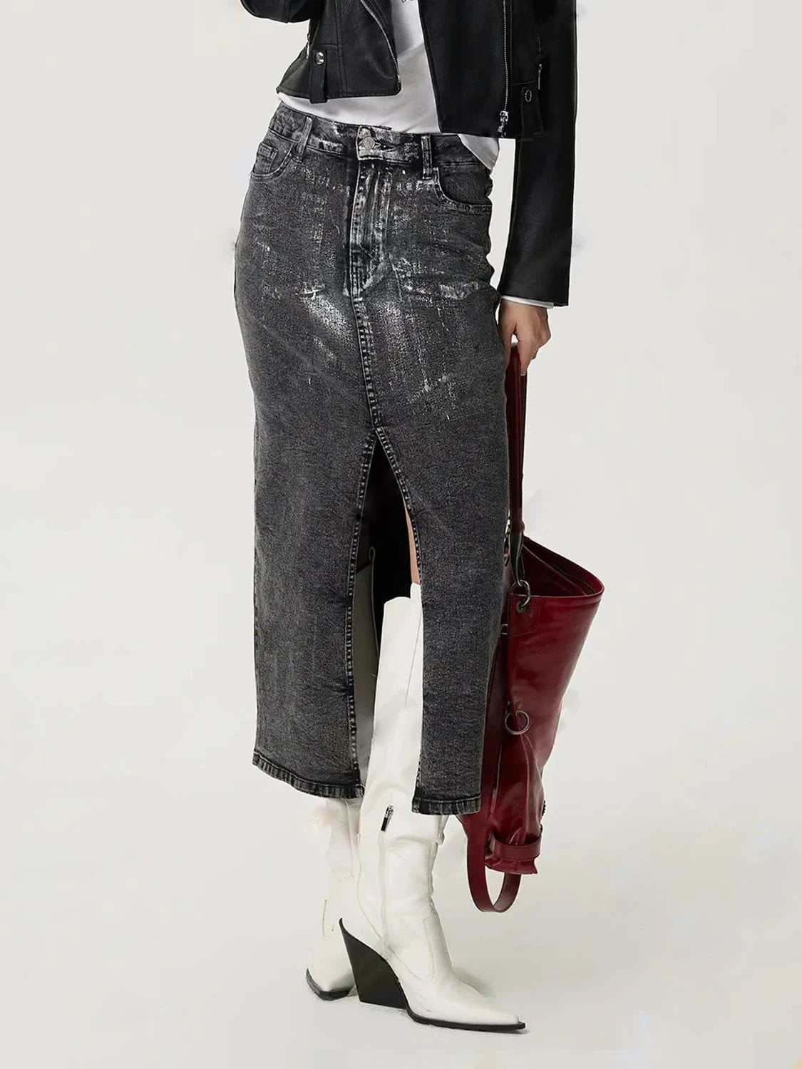 Slit Midi Denim Skirt with Pockets by Lady Ros