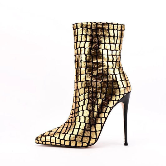 New Stiletto Heel Square Plaid Ankle Boots by GJG Denim