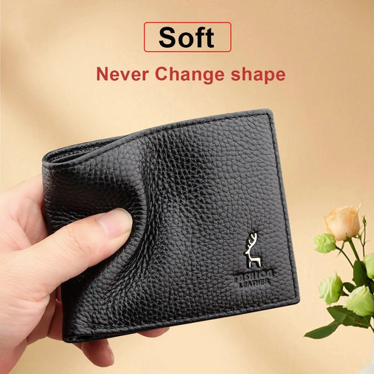 Black Men's Genuine Leather Wallet Cowhide Short Bifold by GJG Denim
