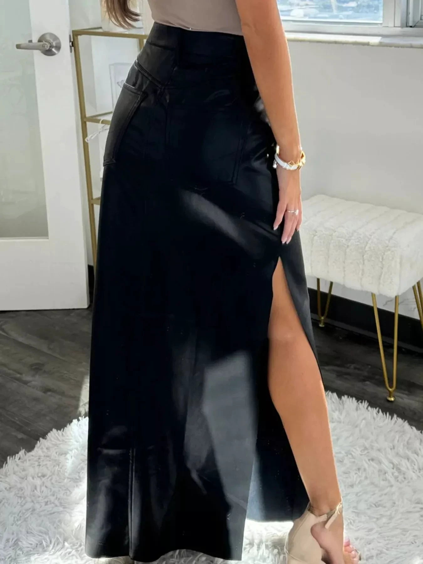 Leather High-Waist Side Slit Maxi Skirt by Lady Ros