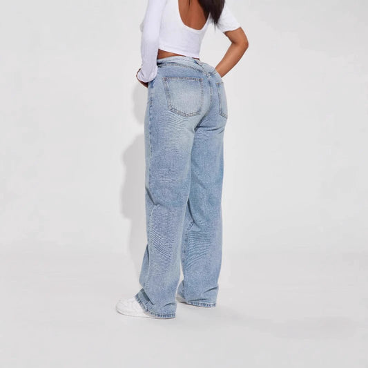 Euro-American Cross-Border Light Blue High-Waist Straight-Leg Jeans by GJG Denim