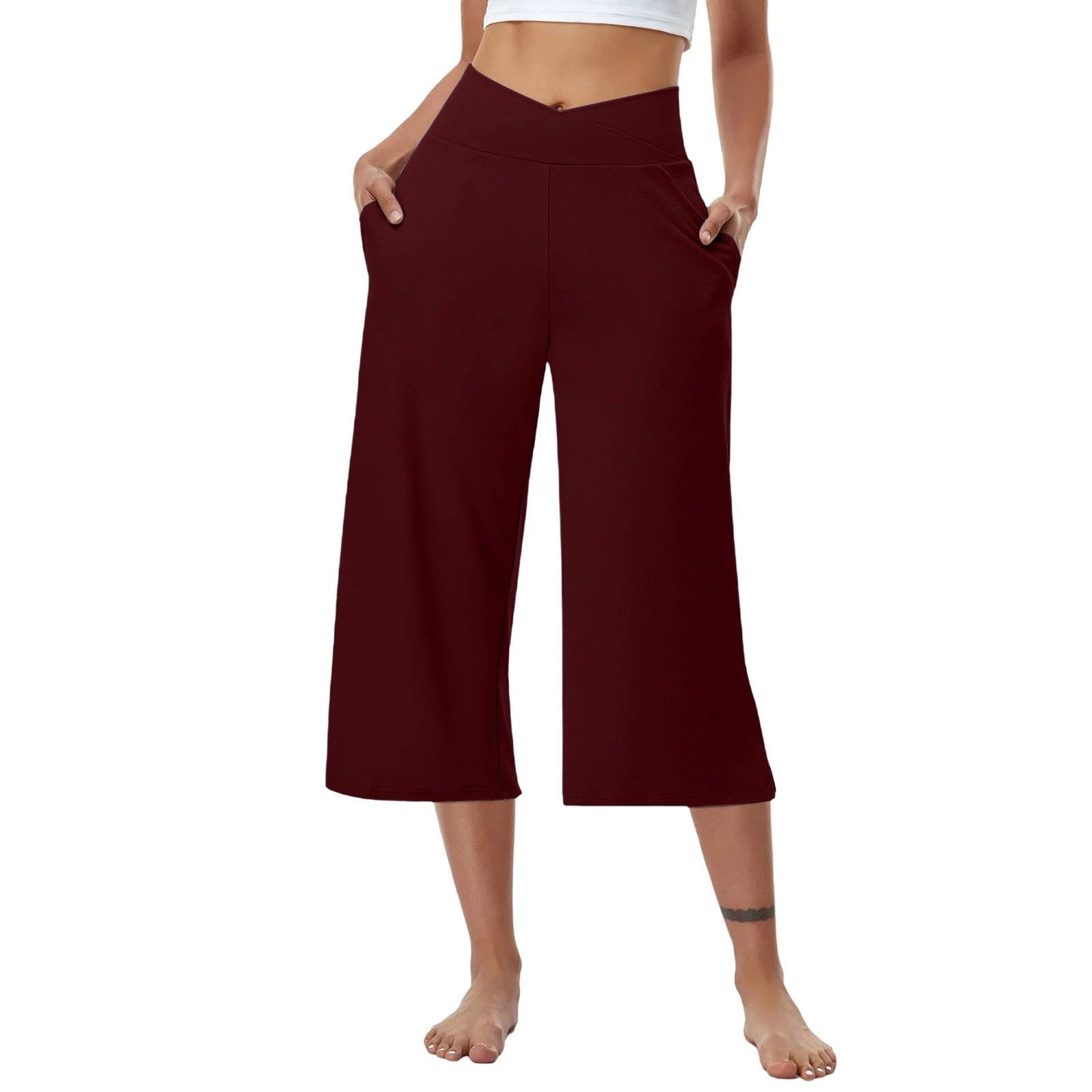 High-Waist Butt-Lifting V-Shaped Waist Wide-Leg Fitness Running Cropped Pants by GJG Denim