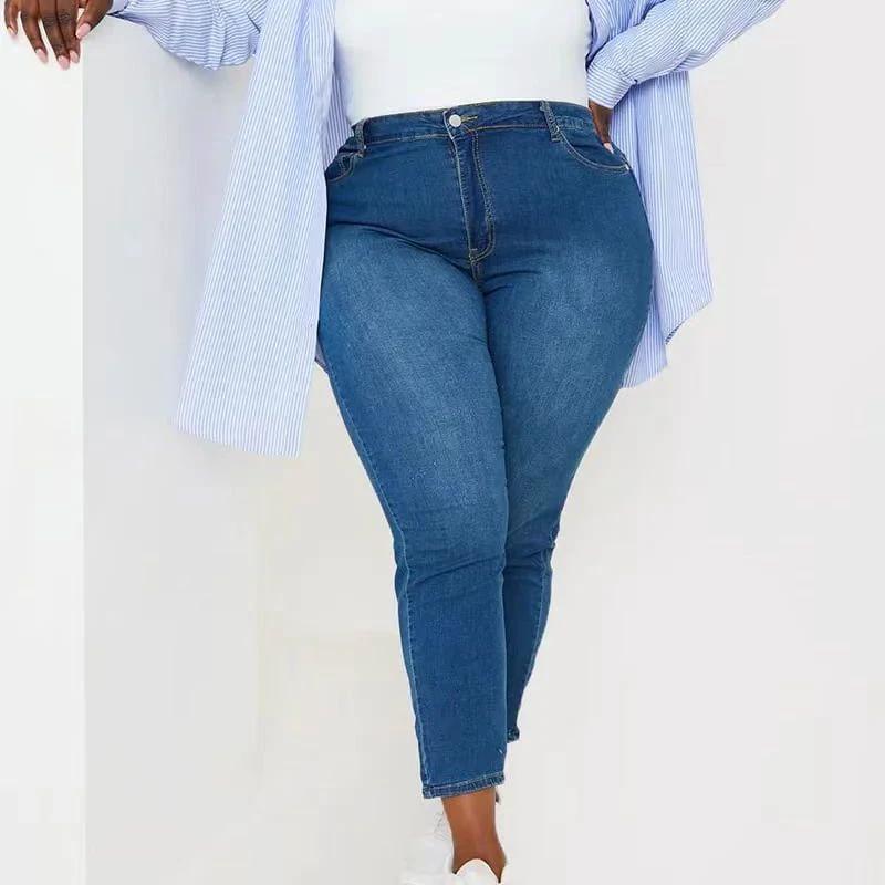 Large Size High Elastic All-matching Denim Slim Jeans by GJG Denim