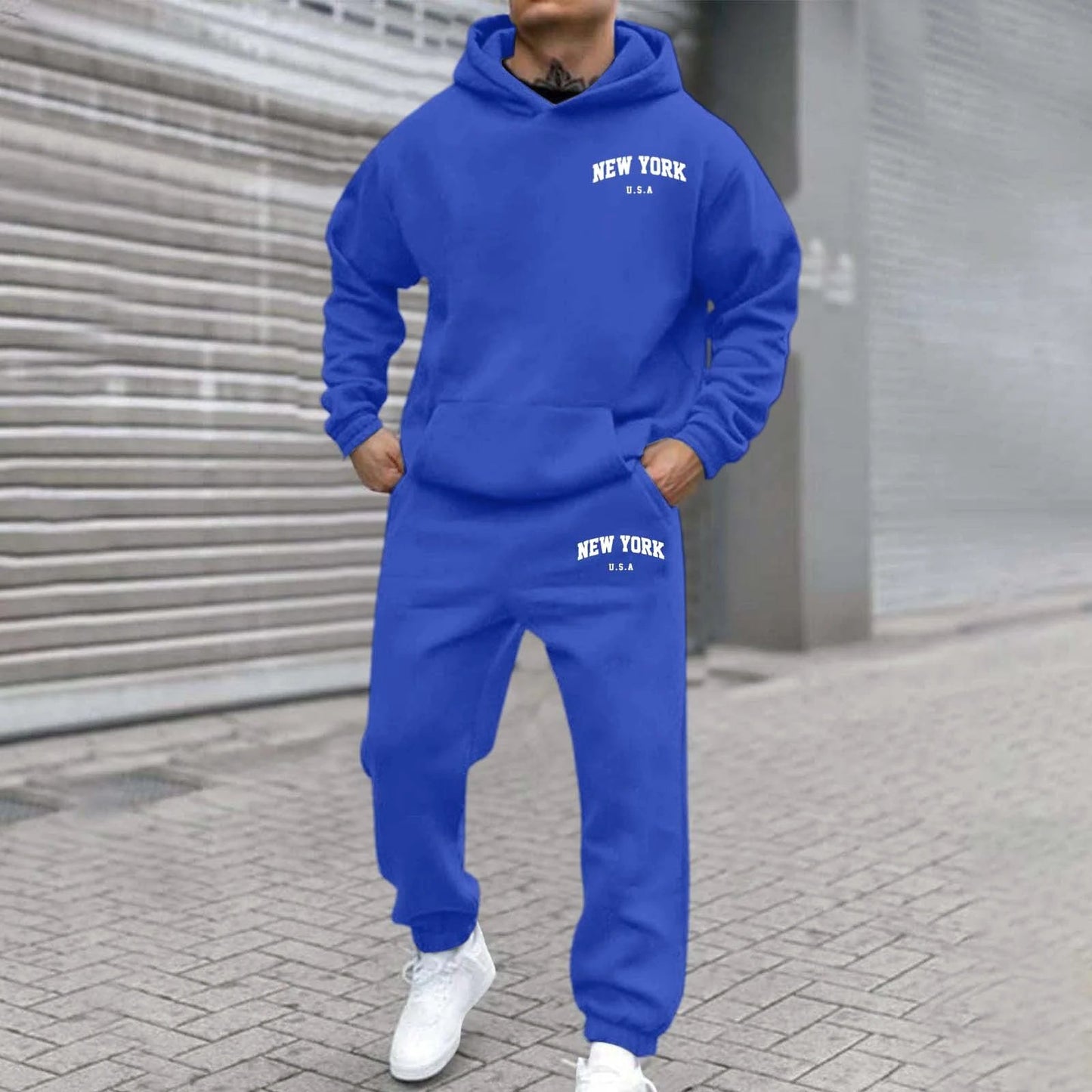 Men's Fleece-Lined Printed Hoodie And Pants Set by GJG Denim