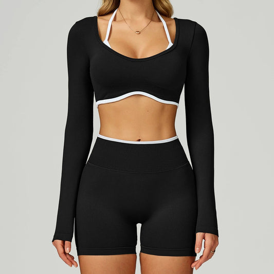 Seamless Color-blocking Yoga Set With Hollow Back And High-waist Fitness Wear by GJG Denim