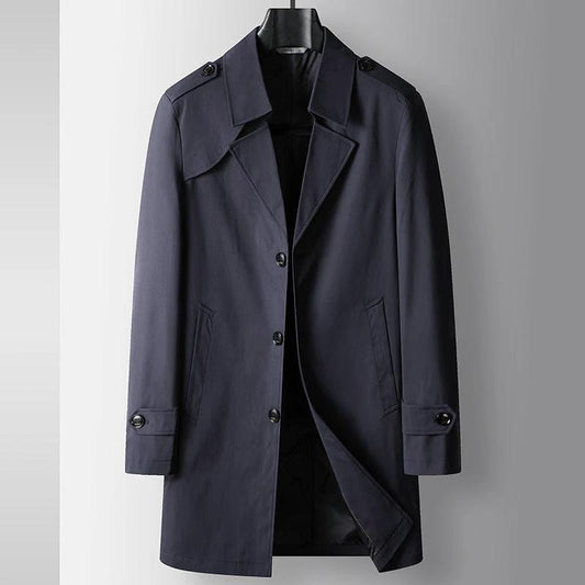 Men's Mid-length Lapel Single Breasted Business Casual Trench Coat by GJG Denim