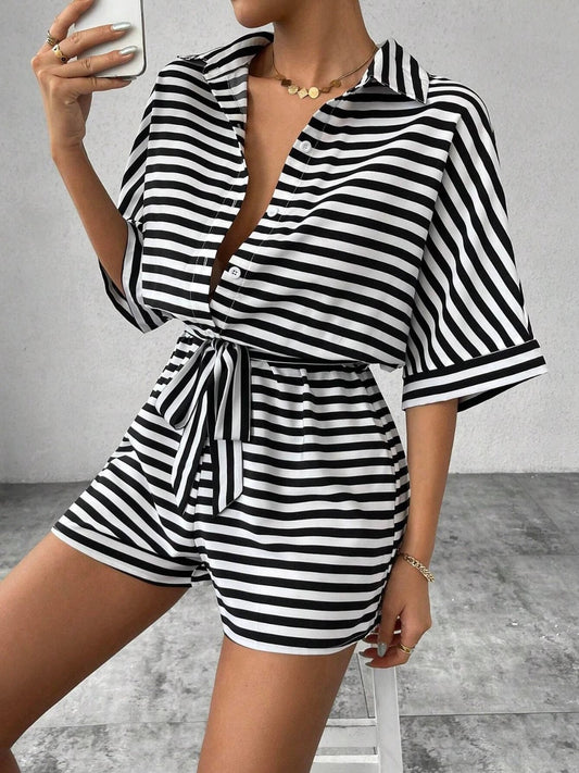 Tie Waist Half Button Striped Romper by VYSN