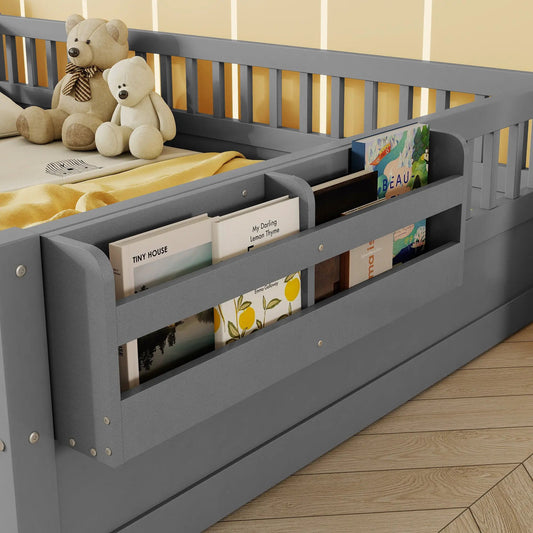 Full Montessori Floor Bed Frame With High Rails, Wood Kids Floor Beds With Light And Storage Shelf, Gray by GJG Denim