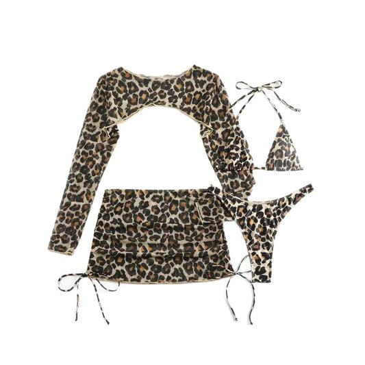 European And American Leopard-Print Lace-Up Sexy Two-Piece Four-Piece Swimsuit by GJG Denim