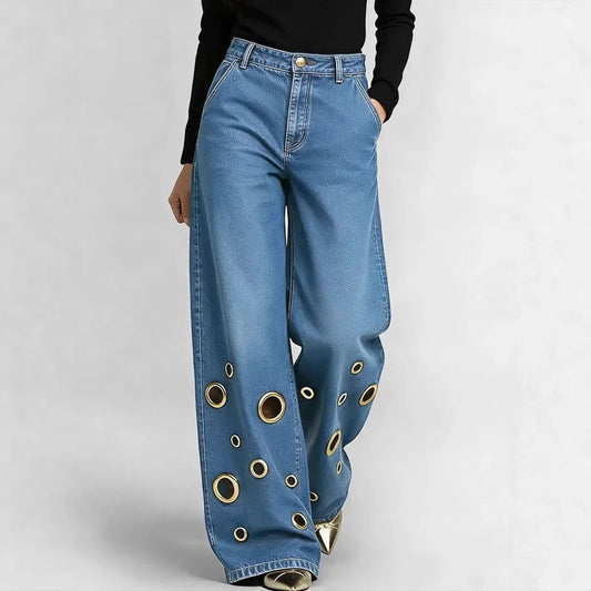 High-waisted Loose-fit Denim Jeans With Cutout Detailing And Metal Eyelets by GJG Denim
