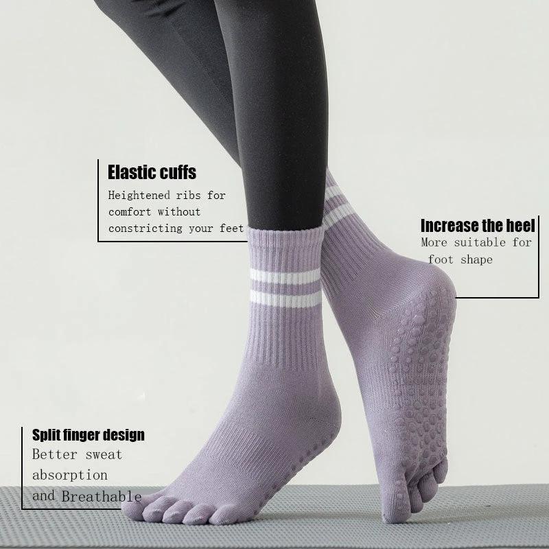 8 Pairs Women's Professional Non-slip Sports Yoga Running Fitness Multi-functional Mid-calf Solid Color Five-finger Dot Rubber Socks by GJG Denim