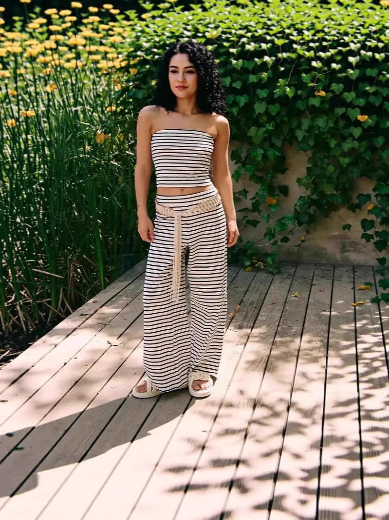 Printed Striped Tube Top And Pants Set by GJG Denim