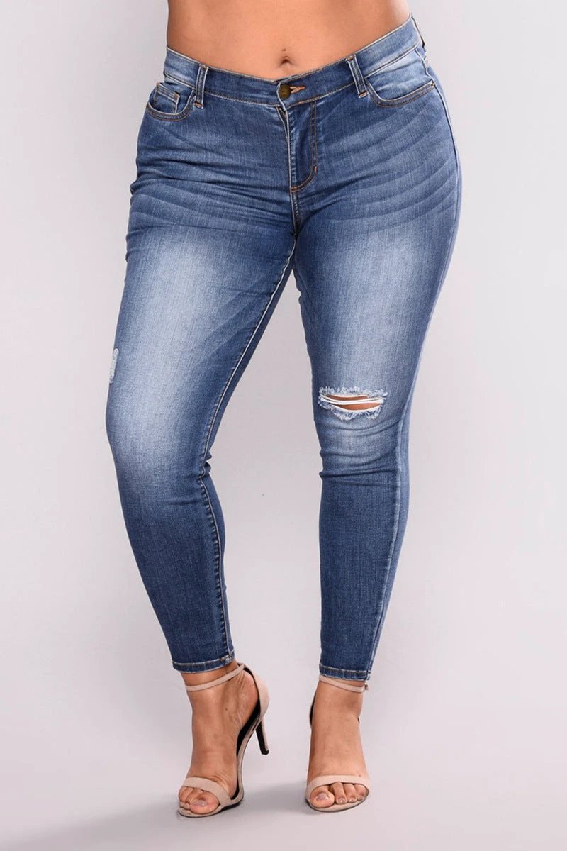 Large size hole high elastic jeans women's feet pants by GJG Denim