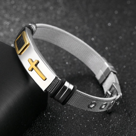 Steel Mesh Cross Titanium Men't Bracelet by GJG Denim