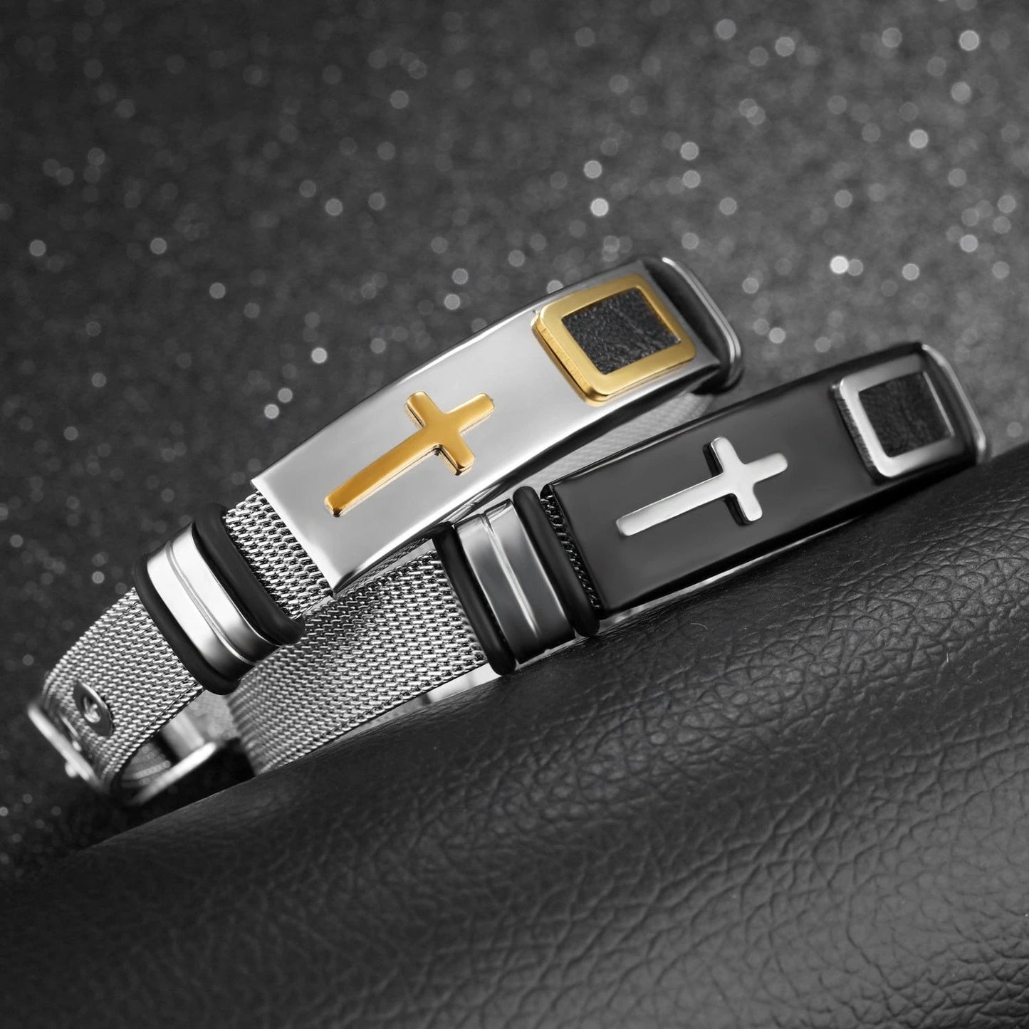 Steel Mesh Cross Titanium Men't Bracelet by GJG Denim